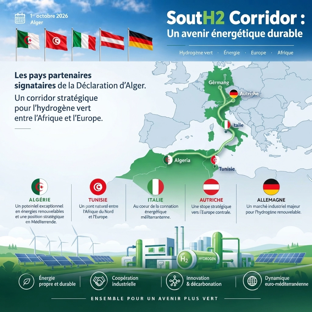 Infographie : le SoutH2 Corridor entre l’Algérie, la Tunisie, l’Italie, l’Autriche et l’Allemagne (Alger, 1er octobre 2026)